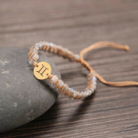 【送料無料】 バングル ブレスレット ストーン ビーズ レディース メンズ ナチュラル 12 星座 編組 4mm ダブル レイヤー ジュエリー ギフト H