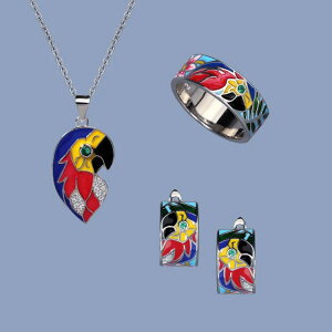 【送料無料】 ピアス 指輪 リング ネックレス 花 フラワー ゴールド ドロップ レディース クリエイティブ ハンドメイド エナメル ジュエリー 3個 ゴールドプレート カラフル コントラスト カ