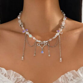 【クーポン利用で4200円】 チョーカー ペンダント ネックレス クリスタル ブライダル ハート パール ロング レディース BOHO タッセル イミテーション 透かし アウト ウェディング ネック ジュエリー