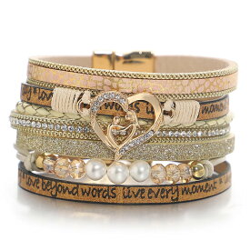 【送料無料】 ブレスレット クリスタル ハート レザー ビーズ パール レトロ LOVE レディース ラップ エンバラス BOHO Love 幅 ジュエリー マザー 日 ギフト