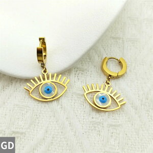 【送料無料】 ピアス ステンレス ビンテージ 青 ブルー ゴールド ドロップ シェル 揺れる レディース 貝殻 悪 エビル 目 アイズ ダングル スチール カラー 悪魔 デーモン ジュエリー