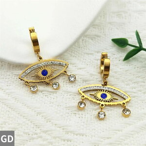 【送料無料】 ピアス ラインストーン ステンレス ビンテージ 青 ブルー ゴールド フープ 揺れる レディース 悪 エビル 目 アイズ スチール カラー 悪魔 デーモン ダングル ジュエリー