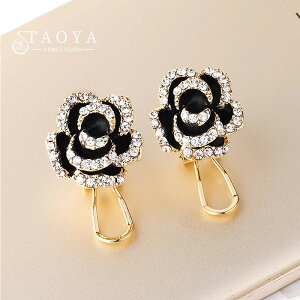 【送料無料】 ピアス ラインストーン 黒 ブラック 花 フラワー レディース セクシー シャイニー カメリア 贅沢 アクセサリー 2024 ファッション ジュエリー ガールズ パーティ