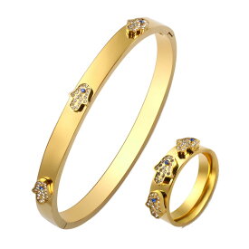 【クーポン利用で6600円】 バングル 指輪 リング ブレスレット ジルコニア クリスタル ステンレス レディース トレンド 贅沢 手のひら ブルー 青 目 アイズ ジュエリー セット ガール スチール シャイニー ジルコン