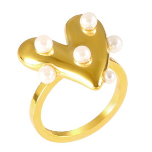 【送料無料】 指輪 リング ステンレス ゴールド シンプル ハート パール レディース プレート 透かし ターニッシュ 防水 インレイ ジンフル スチール エレガント ジュエリー