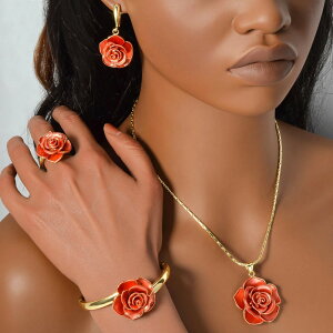 【送料無料】 ピアス 指輪 リング ブレスレット ネックレス 花 フラワー 赤 レッド レディース 4個セット ローズ ジュエリー セット ロマンチック 適切 ウェディング サプライズ ギフト