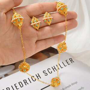 【送料無料】 ペンダント ピアス 指輪 リング ネックレス ゴールド ビーズ レディース 18K プレート ツーピース ジュエリー セット 透かし ドバイ アクセサリー デイリー 結婚式 ウェディング