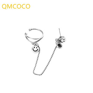 【クーポン利用で2890円】 ピアス イヤークリップ シルバー チェーン スタッドピアス ロング シンプル レディース 女性 韓国 パンク カラー 笑顔 スマイル スマイリー フェイス 耳 スタッド