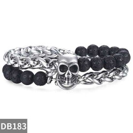 【クーポン利用で5030円】 ブレスレット メンズ 黒 ブラック ステンレス チェーン スカル おしゃれ スケルトン ごつい かっこいい リンクチェーン リストバンド ビーズ チャーム ギフト 溶岩 マンテル