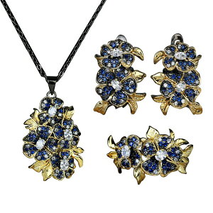 【送料無料】 ピアス 指輪 リング ネックレス 白 ホワイト 青 ブルー ビンテージ 花 フラワー ジルコニア レース レディース 女性 素敵 CZ ジュエリー セット 豪華 繊細 母親 デイリー ギフト