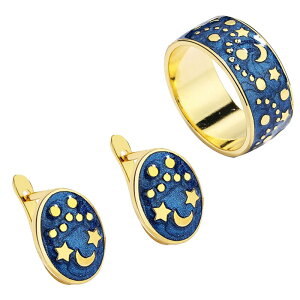 【送料無料】 ピアス 指輪 リング 青 ブルー 月 レディース 女性 クリエイティブ 星 スター空 空 ムーン ジュエリー セット エナメル カップル ファッション ギフト パーティ ビジュー