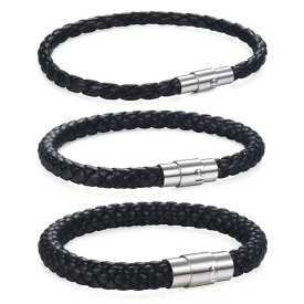 【クーポン利用で3740円】 ブレスレット 黒 ブラック レザー ステンレス ビンテージ ロープ メンズ トレンド 磁石 クラスプ 編み込み ジュエリー網込 マグネット ボーイズ