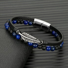 【クーポン利用で3950円】 バングル ブレスレット 赤 レッド 磁気 羽根 フェザー レザー ステンレス ストーン タイガー トラ メンズ 男性 虎 目 アイズ 溶岩 ビーズ マルチレイヤー スチール 留め金 クラスプ ラップ ギフト