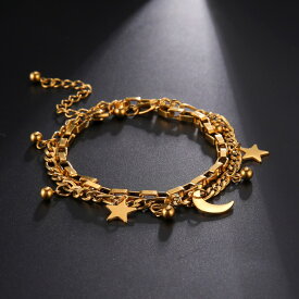 【クーポン利用で3290円】 ブレスレット 星 スター ステンレス ビーズ チェーン 月 レディース ムーン ダブル レイヤー チャーム スチール ジュエリー マザー ガール 友達 ギフト 2023