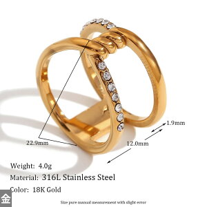 【送料無料】 指輪 リング ラインストーン ステンレス ゴールド ダブル レイヤー 透かし 傷 シャイニー 防水 8K プレート アクセサリー 36L スチール ジュエリー