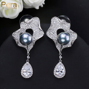 【送料無料】 ピアス ジルコニア ブライダル ドロップ ピック パール 真珠 グレー 灰色 ロング 揺れる レディース 女性 普通でない ダングル ウォータードロップ イミテーション キュービッ