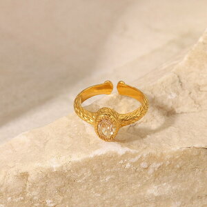 【送料無料】 指輪 リング ジルコニア ステンレス ビンテージ ゴールド オバール ハンマー レディース 女性 贅沢 スタイル 18k プレート ジルコン ジュエリー スチール テクスチャ オープン