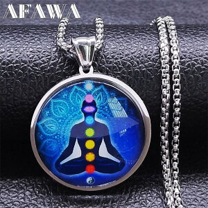 【送料無料】 ネックレス ステンレス カラス リング メンズ 男性 レディース 女性 7 チャクラ ヒーリング バランス スチール ガラス 仏教徒 レイキ スピリチュアル ヨガ ギフト ジュエリー 襟