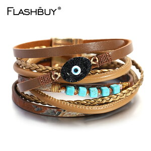 【送料無料】 ブレスレット 青 ブルー ストーン レザー ビーズ ロング レディース 新しい シック 悪 エビル 目 アイズ チャーム BOHO ラップ ジュエリー ギフト