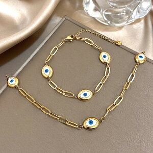 【送料無料】 指輪 リング ブレスレット ネックレス ステンレス ゴールド チェーン レディース メンズ プレート スチール 悪 エビル 目 アイズ リンク ジュエリー セット BOHO ギフト