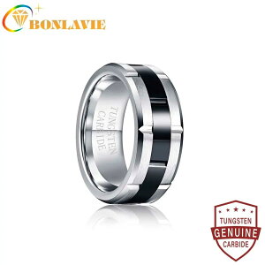 【送料無料】 指輪 リング タングステン 黒 ブラック メンズ 男性 8mm アセンブル ミドル ポリッシュ 2 サイド 霜 スチール 結婚式 ウェディング ベスト ギフト サイズ 7-12