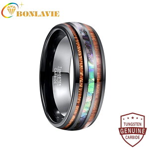 【送料無料】 指輪 リング 動物 アニマル タングステン 黒 ブラック プラント アワビ シェル 植物 メンズ 男性 8mm 幅 カーバイド 2.3mm 厚い イオンプレーティング 象眼細工 アカシア 貝殻 スチ