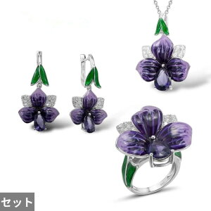 【送料無料】 チョーカー ピアス 指輪 リング ネックレス 紫 パープル 花 フラワー クリスタル シルバー レディース カラー ジュエリー セット ボヘミア ギフト
