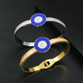 【クーポン利用で4970円】 バングル ブレスレット クリスタル ステンレス 青 ブルー ラウンド ストーン ポール レディース ラブ エナメル 悪 エビル 目 アイズ スチール ボール チャーム バネ オープン ジュエリー