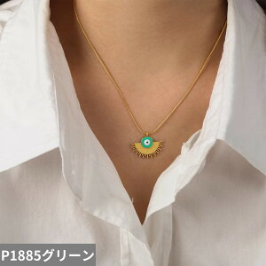 【送料無料】 ペンダント ネックレス ステンレス 青 ブルー ゴールド チェーン ロング レディース 悪 エビル 目 アイズ 太陽 カラー 襟 316L スチール