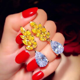 【送料無料】 ピアス 指輪 リング ネックレス 黄 イエロー クリスタル ゴールド シルバー ドロップ レトロ あずき 小豆 レディース S925 プロム セット 贅沢 小麦 ウィート イヤー 耳 水