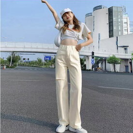 【予約商品】デニムパンツ レディース 春夏秋 ロング丈 ワイド ストレート 膝にダメージ加工入り ハイウエスト ポケット ポリエステル 無地 大人 青 トレンド ダンス ゆったり