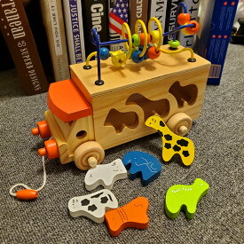 木のおもちゃ 型はめ 赤ちゃん幼児プルロープ動物ドラッグカーパズルマッチングシェイプラウンドカー多機能子供のおもちゃ 2000003