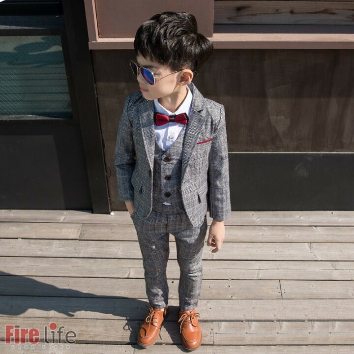 楽天市場 子供服 フォーマル スーツ 男の子 キッズ 4点セット チェック柄 スーツ 男の子 英国紳士風 ジャケット ベスト パンツ 蝶ネクタイ おしゃれ 卒業式 七五三 結婚式 入学式 発表会 送料無料 ファイアライフ楽天市場店
