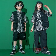 キッズダンス衣装 ヒップホップ セットアップ 派手 黒ベスト ゼブラ柄半袖シャツ カーゴパンツ ブラック …