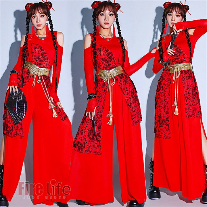 DS演出服 ダンス衣装 赤 黒 レディース 大人 チャイナ風 ドラゴン柄 龍 