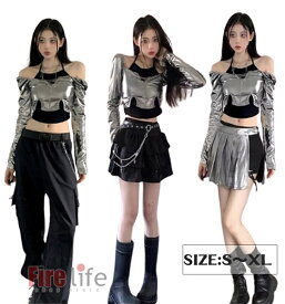 大人ダンス衣装 レディース 長袖 へそ出し 銀色 ブラック 3タイプ カーゴパンツ プリーツスカート 単品 セットアップ ヒップホップ ジャズダンス k-pop衣装 Hiphop 個性 イベント ダンスチーム 団体服 応援団 発表会 S M L XL　送料無料