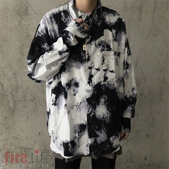 楽天市場】シャツ メンズ レトロ 黒と白 スプラッシュインク タイダイ 
