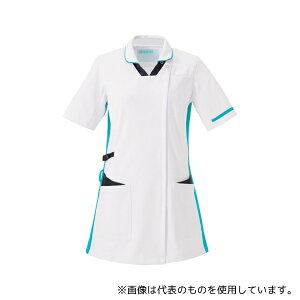 KAZEN 996-12 レディススクラブ半袖衿付 ホワイト×ネイビー×ターコイズ L