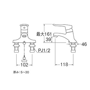 三栄水栓(SANEI)　K57CE-13　シングル洗面混合栓　洗面所用　ツーホールシングルレバー式 ：SB1165 【在庫有り】 |  セミプロＤＩＹ店ファースト