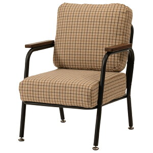 東谷 ソファー 1人掛け おしゃれ スチール パイプ 黒 ブラック 木肘 アーム付き 肘付き レトロ チェック柄 ベージュ RKC-101BE