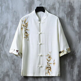 チャイナ服 メンズ 大きいサイズ シャツ 綿麻 五分袖シャツ 刺繍シャツ 中華風 ブラウス トップス 漢服 唐装 中華服 綿麻シャツ 太極拳服 武術服 表演服 男性用 半袖 M-6XL