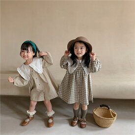 2026新登場 ベビー 長袖 ワンピース 女の子 ベビー服 コットン チェック柄 無地 カーキ 姉妹コーデできる 襟 春 秋 可愛い キッズ 入園 入学 卒園 卒業 結婚式 セレモニー 誕生会 発表会 記念写真 公園活動 入学式 卒業式 80-130cm