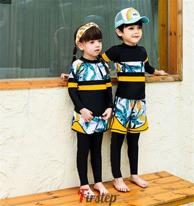 楽天市場 キッズ 子供水着 水着 男の子 女の子 こども 子供用 3点セット ジュニア 長袖 ラッシュガード フィットネス ベビー水着 レギンス ファッション おしゃれ ファーステップ