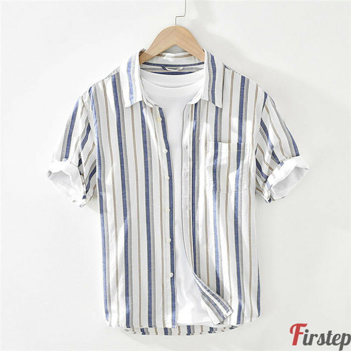 楽天市場 ストライプシャツ Tシャツ 半袖シャツ 春夏 シャツ メンズ ワイシャツ 綿シャツ 半袖 ストライプ柄 カジュアル 薄手 開襟シャツ スリム 通学 通勤 薄手 体型カバー 大きいサイズ ファッション おしゃれ ファーステップ