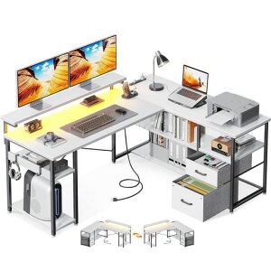 ODKパソコンデスク引き出し2杯付きゲーミングデスクコンセント付きl字デスクデスク机幅135cm棚付きpcデスク収納オフィスデスク仕事用在宅勤務組立簡単ホワイト