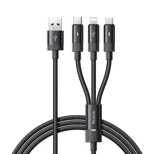 Mcdodo3in1急速充電ケーブル1.2m3.5A急速充電3種類同時充電高速データ転送(ライトニングのみ)USB-CMicroUSBライトニングケーブルLED付きアルミ合金外装高耐久ナイロン編み1本3役