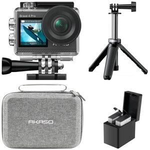 AKASO �A�N�V�����J���� Brave 4 Pro 4K 20MP�𑜓x �^�b�`�p�l���� �f���A���J���[�X�N���[�� 40M�h�� �����J���� ��Ԃ�␳ �O���}�C�N�Ή� WiFi���� HDMI�o�� 5�{�Y�[�� ���B��_�Ǝ��[�P�[�X�t��