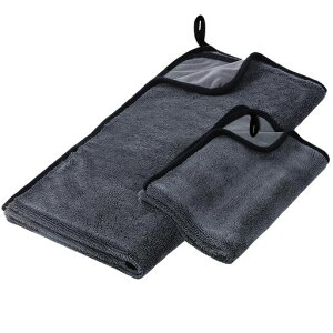 洗車用品拭き上げ用マイクロファイバークロス大判拭き上げクロスプレミアムマイクロファイバー超吸水洗車タオル(2-03:グレーブラック縁40x60/60x160各1枚ずつ)