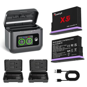 PoweLyt For Insta360 X5 �o�b�e���[ 2�� 2800mAh �h��360 X5�o�b�e���[(�t���̕ی�P�[�X)�ƃ|�[�^�u��2�X���b�g 360 X5�d�r�[�d��(LCD�d�r�c�ʕ\����ʕt����SD�J�[�h�X�g���[�W)���S�Ή�Insta360