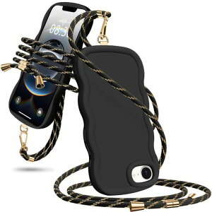 iPhone16e用のケースショルダーシリコン波形かわいいスマホケースアイフォン16eカバー肩掛け斜めかけ軽量耐衝撃紐付き織りストラップ付きネックストラップ長さ調整可能取り外し可能(ブ…